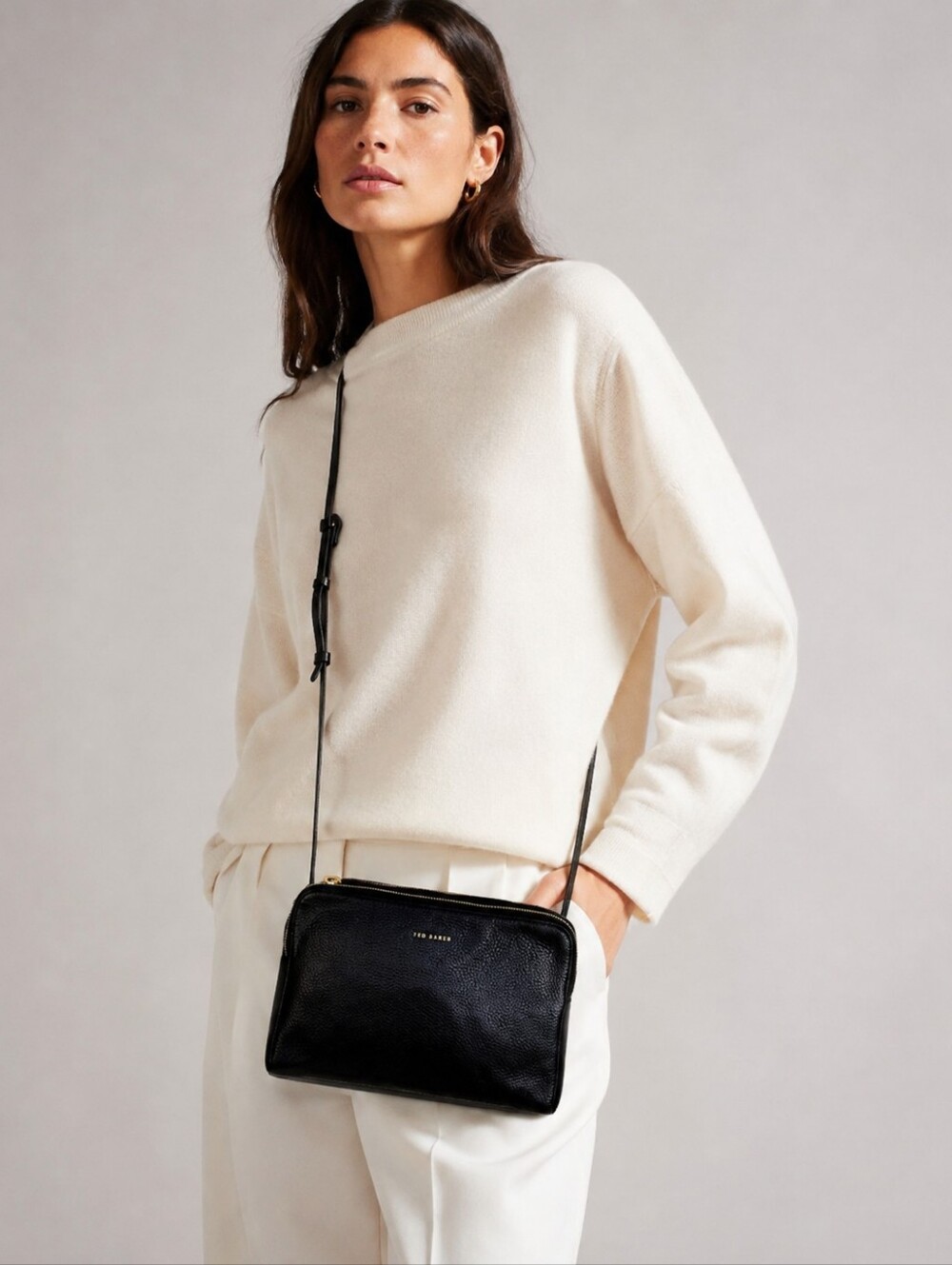 NWT TED BAKER LONDON Ciarraa Double Pouch Black Pebbled Leather Crossbody Bag